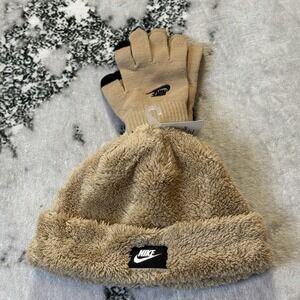 Nike Hat Gloves Set Unisex Youth Brown‎ Black Nike Logo 2 Piece Sherpa